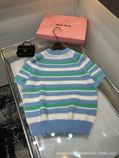 Miu Miu Striped Knit Mesh Top Pink Blue White Sweater - 6