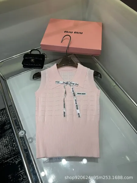 Miu Miu Knit Vest Top with Logo Ribbon White Vest-Top - 3