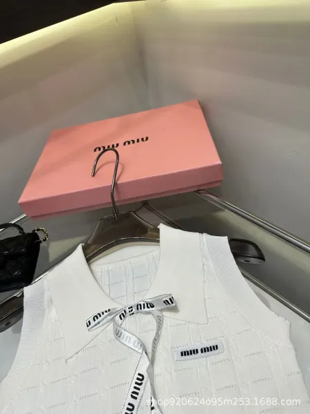 Miu Miu Knit Vest Top with Logo Ribbon White Vest-Top - 7