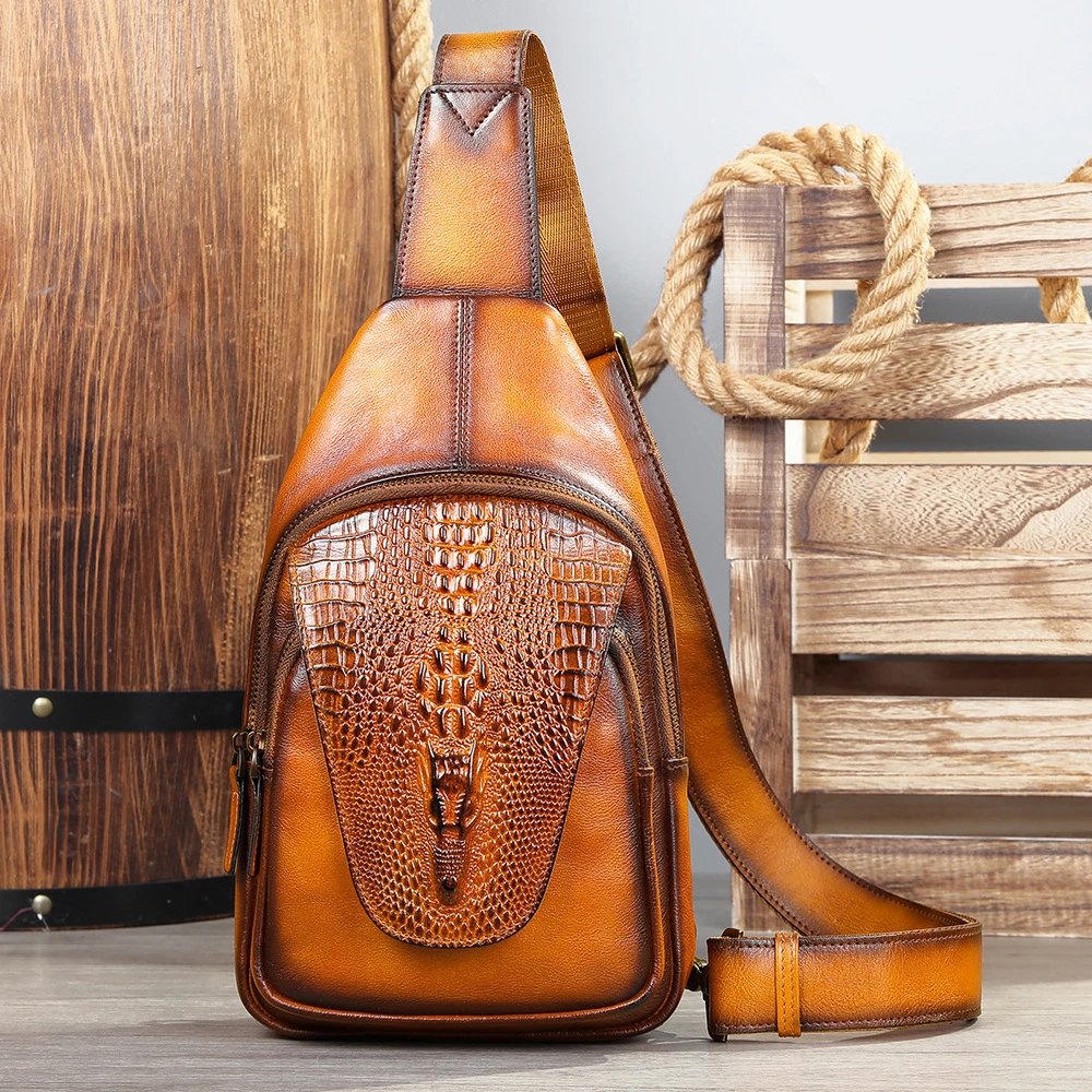 Crocodile-Embossed Leather Chest Bag Tan Crossbody