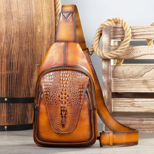 Design Crocodile-Embossed Leather Chest Bag Tan Crossbody Bag - 1
