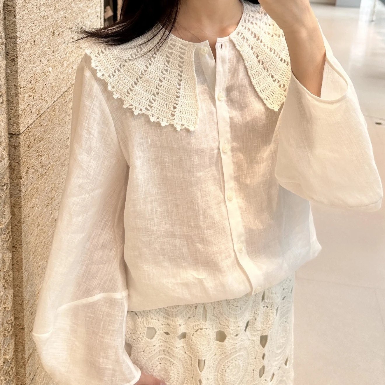 White Linen Blouse With Crochet Collar Vintage Style