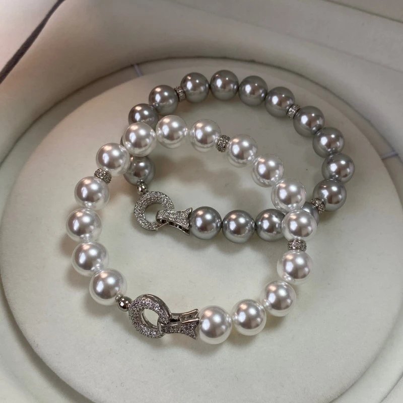 Pearl Bead White Crystal Ribbon Clasp Bracelet