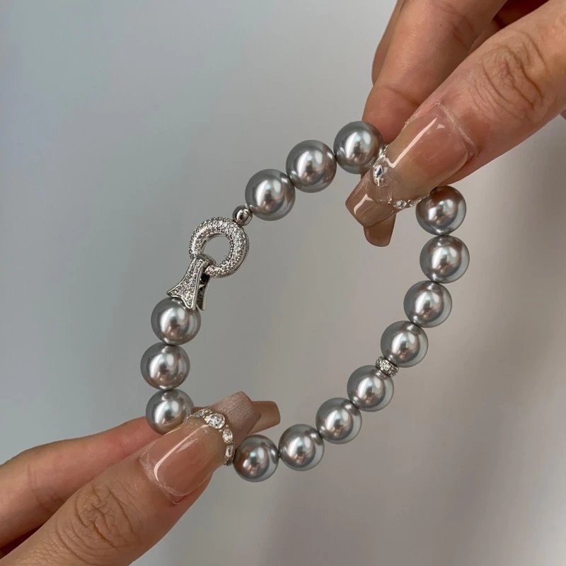 Pearl Bead White Crystal Ribbon Clasp Bracelet