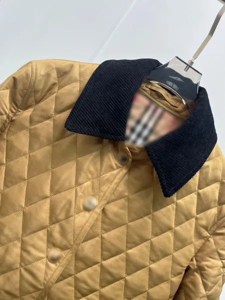 Design Quilted Jacket with Corduroy Collar Beige Outerwear - 10