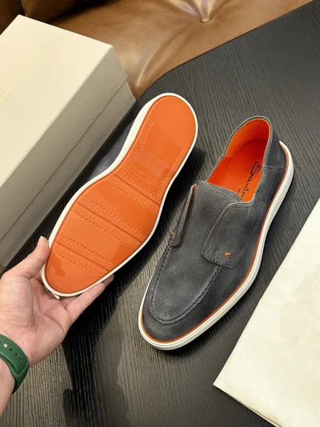 Design Santoni Loafer Slip-On Olive Green Suede with Orange Sole Casual Shoes Loafers - 13