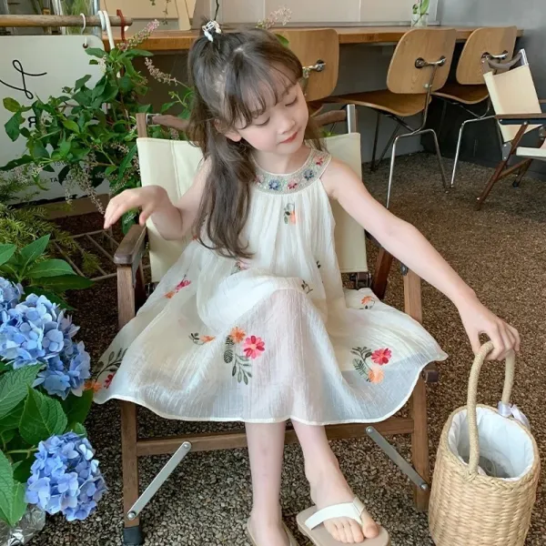 Design Floral Embroidered Linen Dress White Kids - 3
