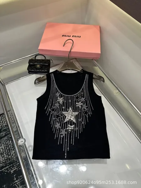 Miu Miu Star-Embroidered Crystal Black Vest Top - 1