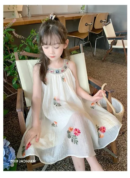 Design Floral Embroidered Linen Dress White Kids - 6