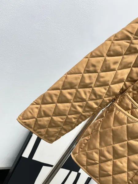 Design Quilted Jacket with Corduroy Collar Beige Outerwear - 23