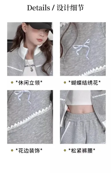 Design Gray Zip-Up Track Set with Embroidered Bow Detail Sweatpants Tracksuit - 8