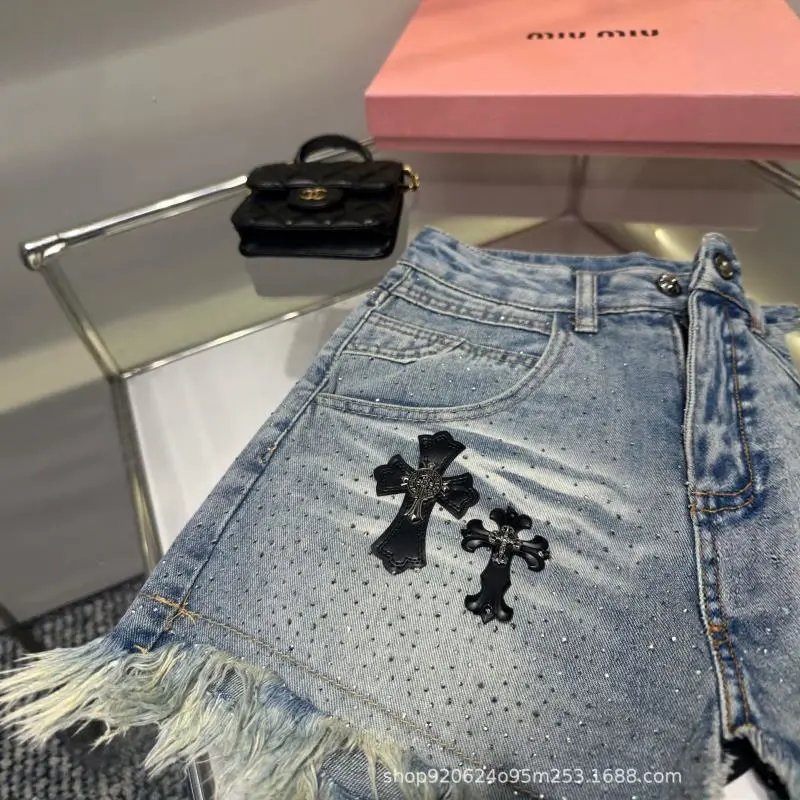 Miu Miu Denim Shorts Light Blue Embellished Frayed Hem