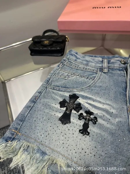 Miu Miu Distressed Denim Shorts with Crystal Cross Embroidery Light Blue Jeans - 5