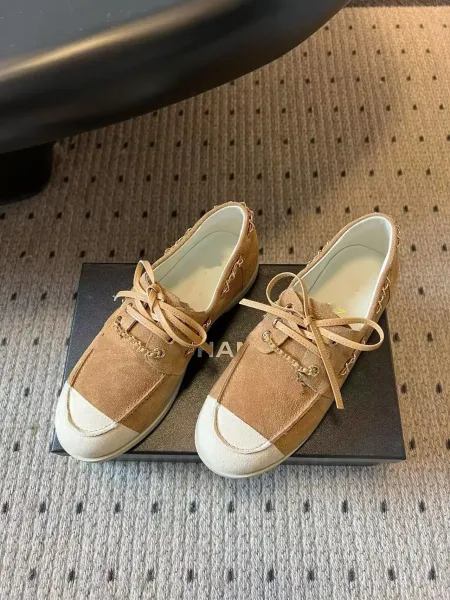 Chanel Boat Shoes Light Blue Suede Two-Tone with Chain Detail - 4