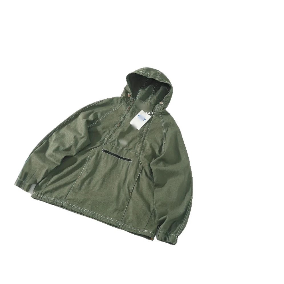 Olive Green Hooded Anorak Jacket with Contrast Stitching