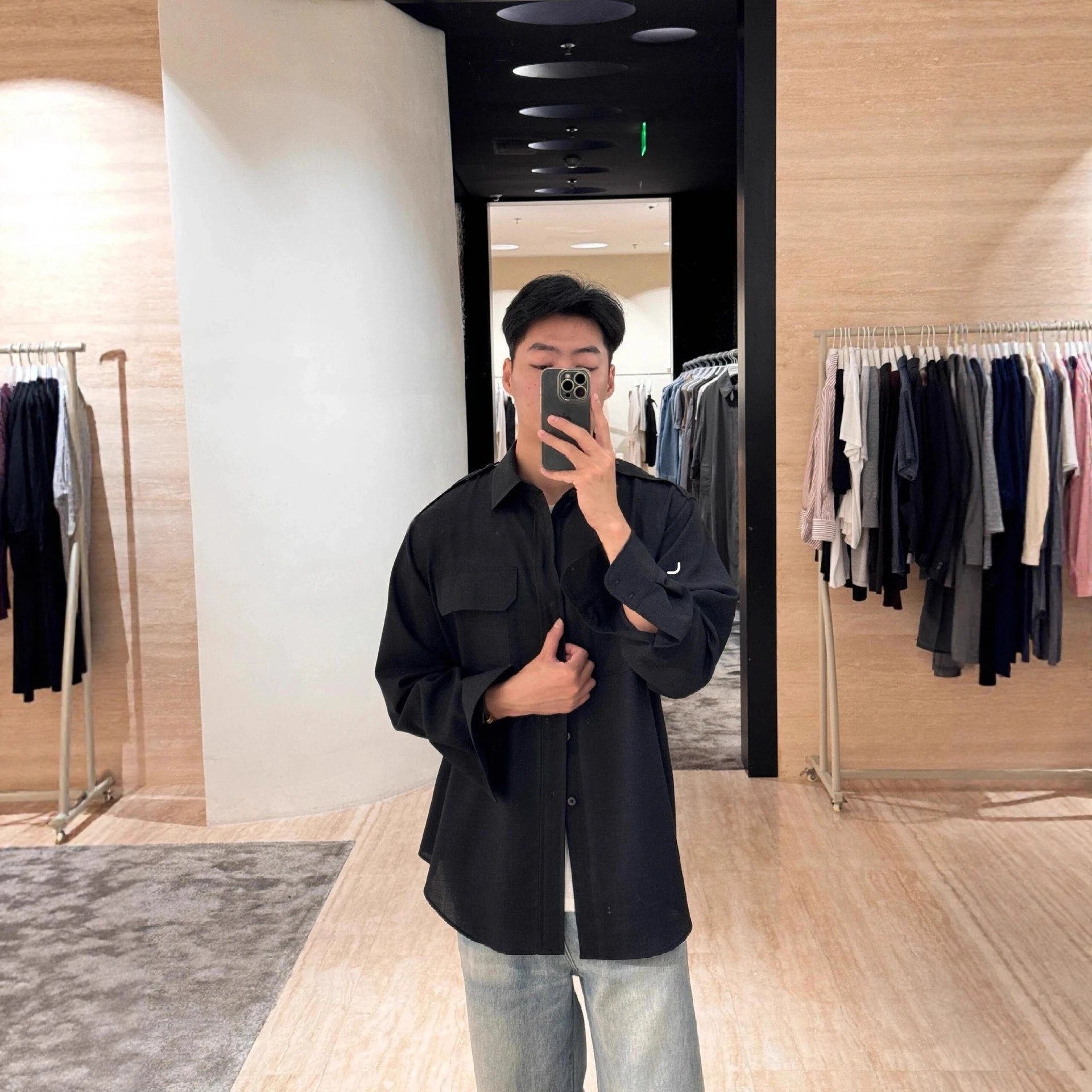 Black Cotton Oversized Shirt with Contrast Collar and Patch Pockets