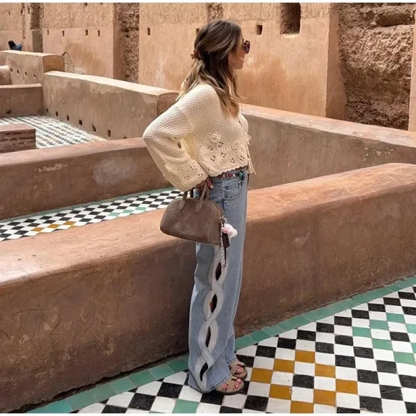 Design Crochet Knit Crop Top Beige + Cut-Out Wide-Leg Jeans Light Blue Sandals - 7
