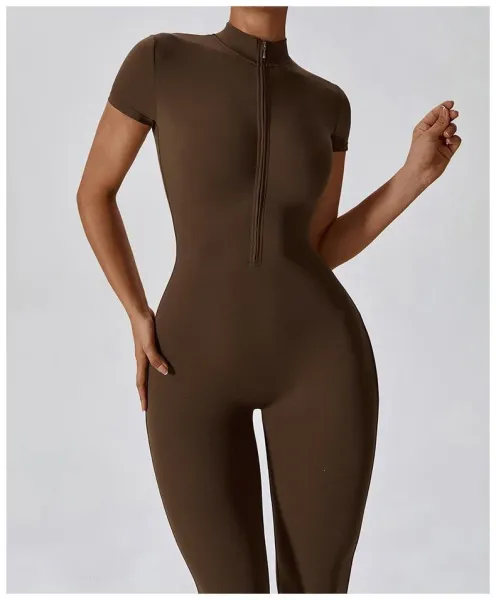 Design Black Zip-Front High-Neck Bodysuit with Short Sleeves Activewear - 19