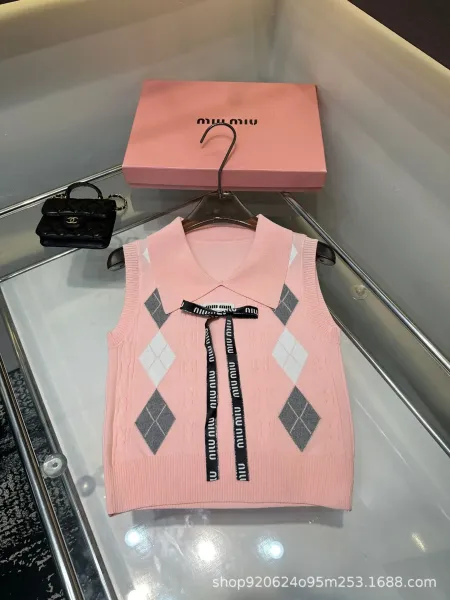 Miu Miu Argyle Knit Vest Top White with Logo Ribbon - 4