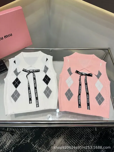 Miu Miu Argyle Knit Vest Top White with Logo Ribbon - 6