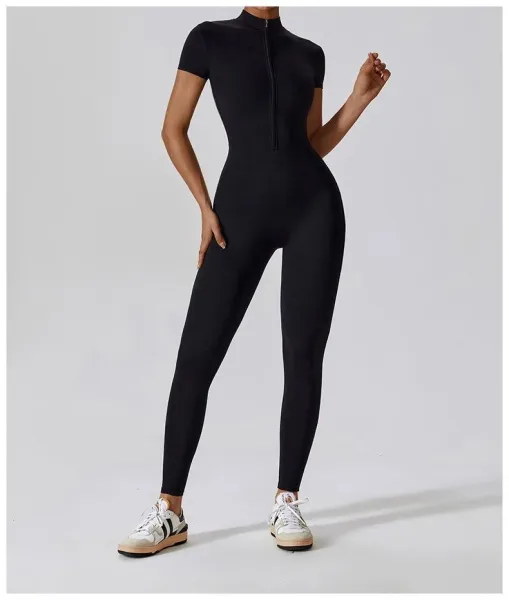 Design Black Zip-Front High-Neck Bodysuit with Short Sleeves Activewear - 25