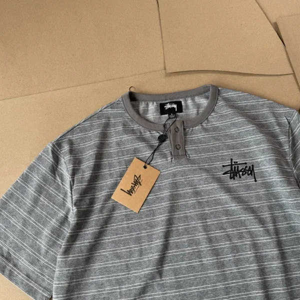 Stussy Striped Henley T-Shirt Black Tops - 13