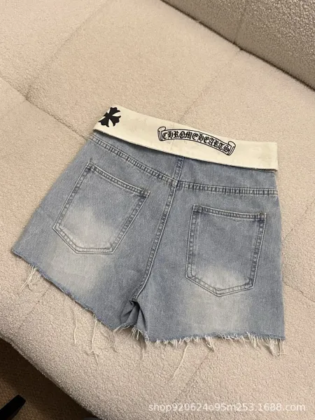 Chrome Hearts x Denim Shorts Light Wash with Cross Motif Waistband and Rhinestone Embellishments - 4