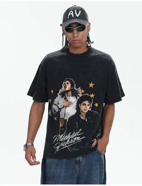 Design Michael Jackson Graphic Washed Black T-Shirt T-Shirts - 22
