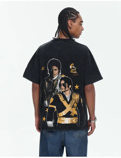 Design Michael Jackson Graphic Washed Black T-Shirt T-Shirts - 23