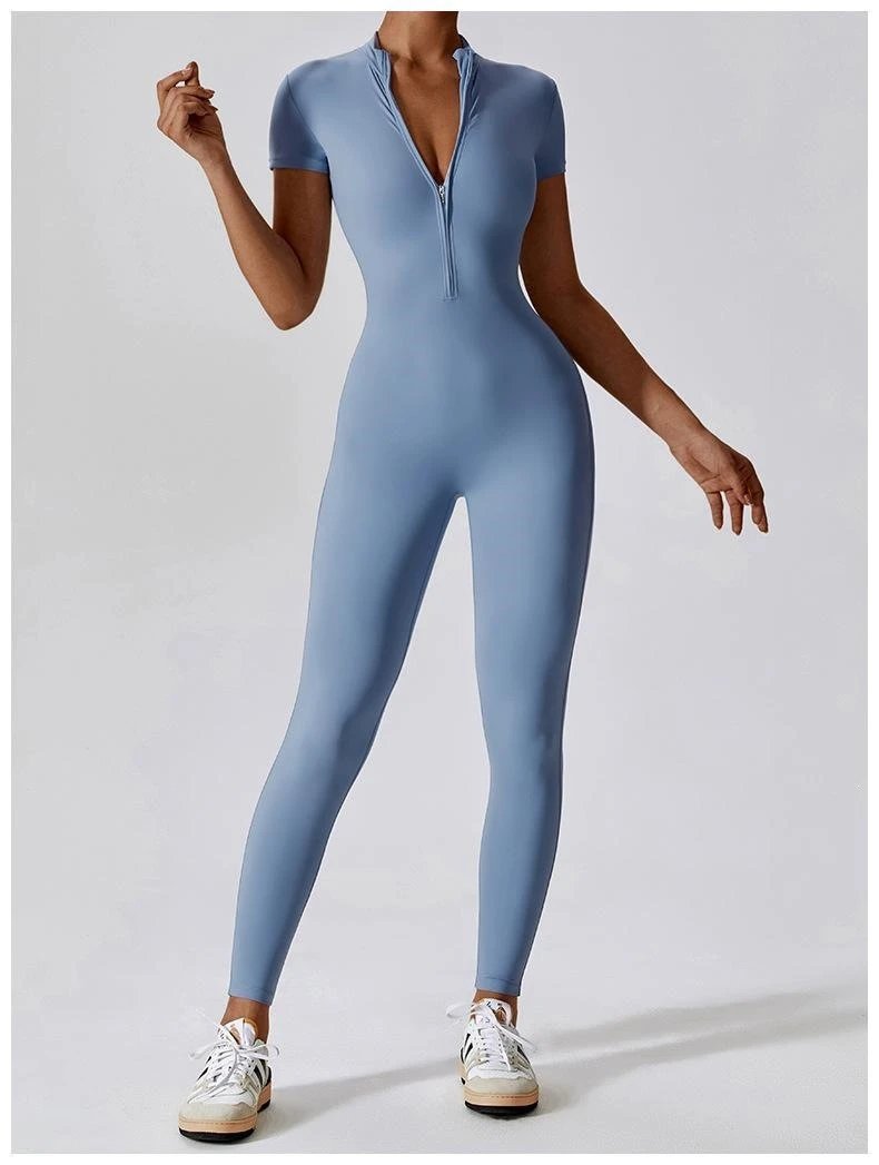 Design Black Zip-Front High-Neck Bodysuit with Short Sleeves Activewear - 6