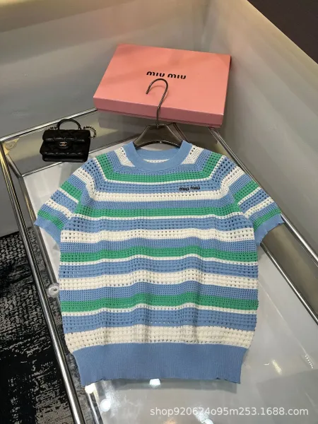 Miu Miu Striped Knit Mesh Top Pink Blue White Sweater - 4