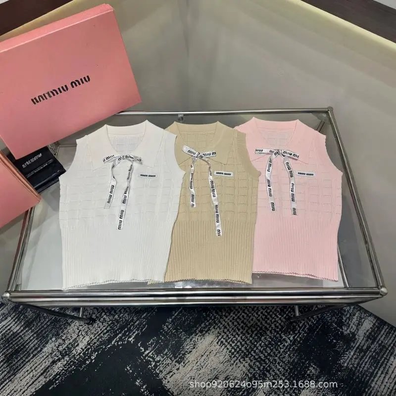 Miu Miu Knit Sleeveless Pink Logo Bow Vest