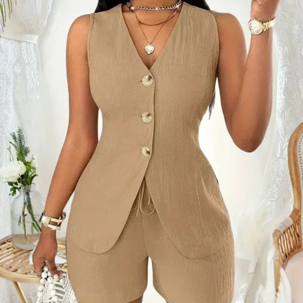 Design Yellow V-Neck Button-Front Blazer Shorts Set - 16