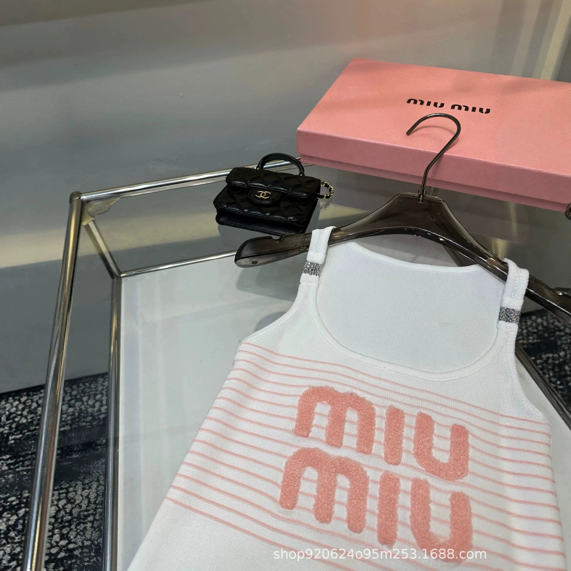 Miu Miu White Pink Striped Logo Knit Tank Top