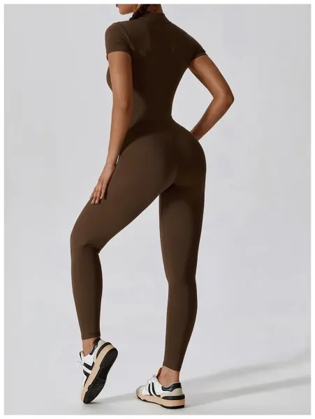 Design Black Zip-Front High-Neck Bodysuit with Short Sleeves Activewear - 18