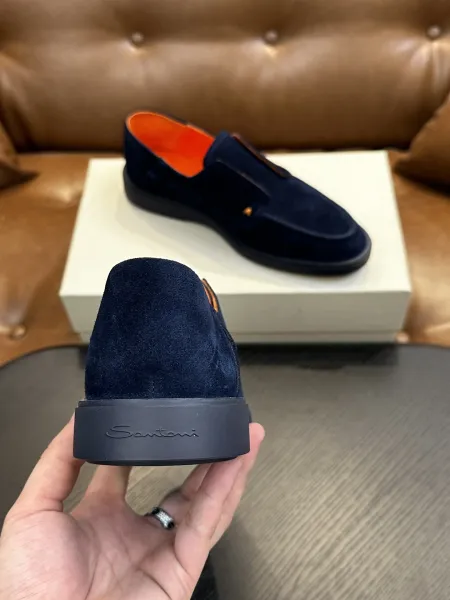Design Santoni Loafer Slip-On Olive Green Suede with Orange Sole Casual Shoes Loafers - 37