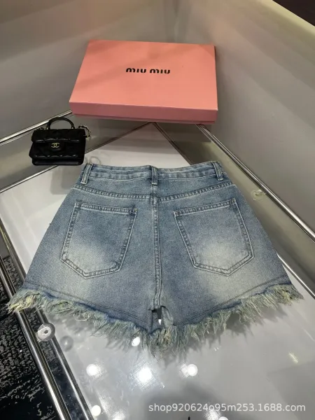 Miu Miu Distressed Denim Shorts with Crystal Cross Embroidery Light Blue Jeans - 6