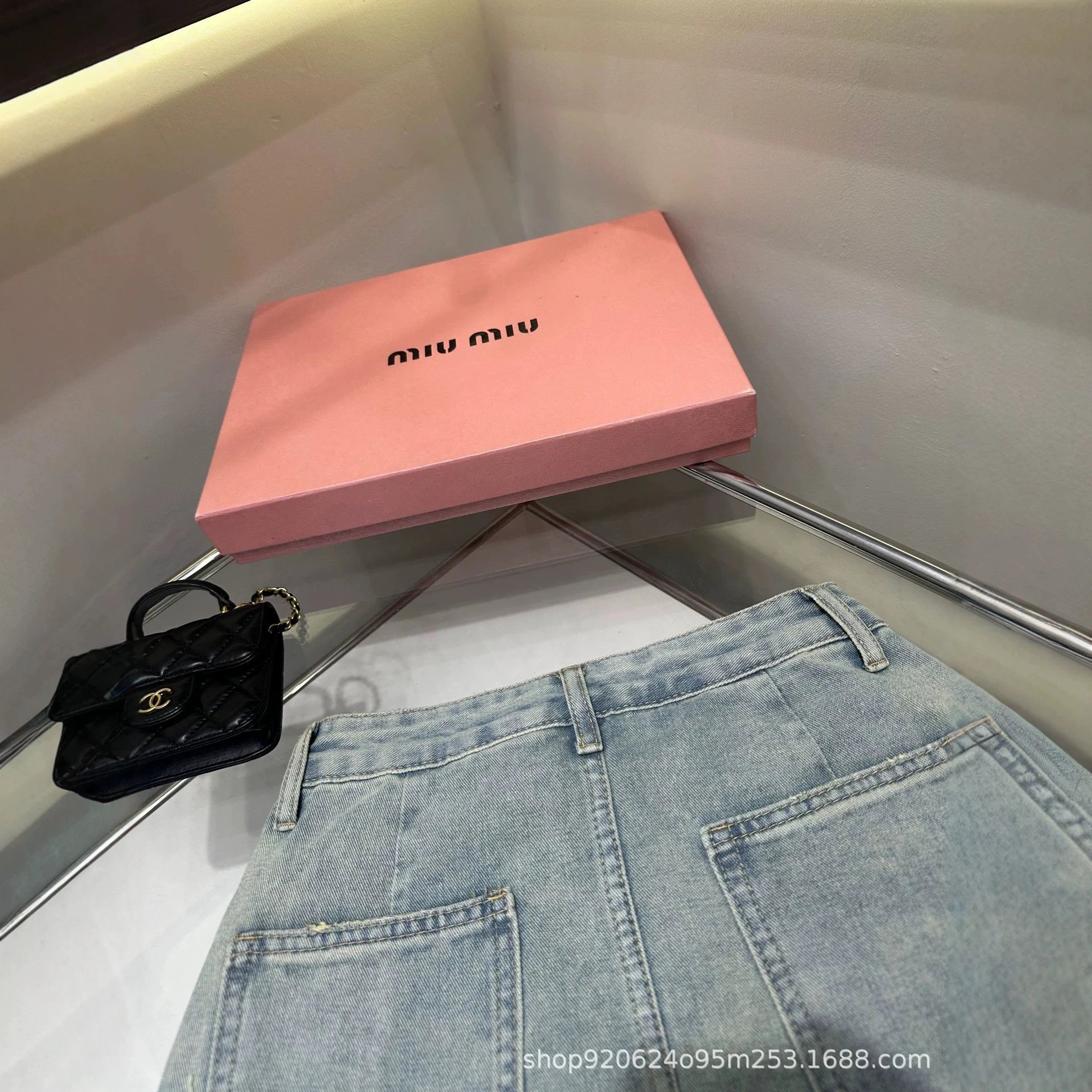 Miu Miu Denim Skirt Light Blue Cross-Embellished Mini Skirt