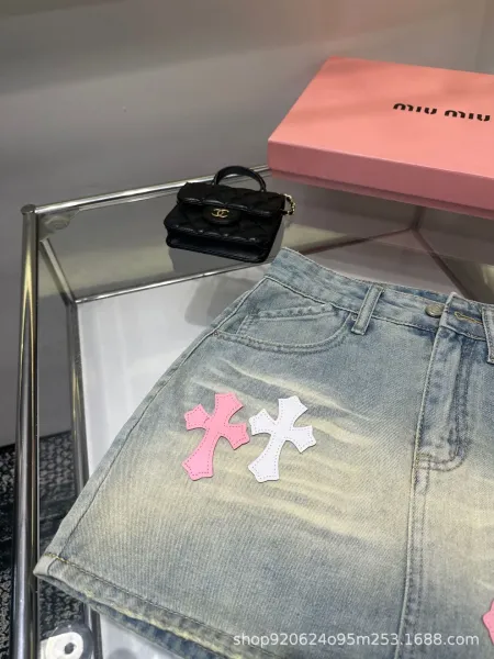 Miu Miu Cross-Embellished Denim Mini Skirt Light Wash - 5