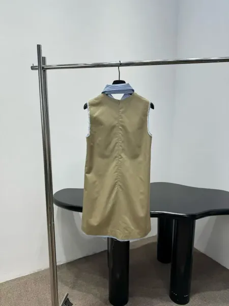 Design Collar-Attached Sleeveless Shirt-Dress in Beige with Striped Detail - 4