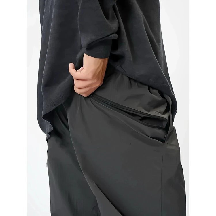 Grid Patterned Gray Utility Pants with Zippered Pocket
