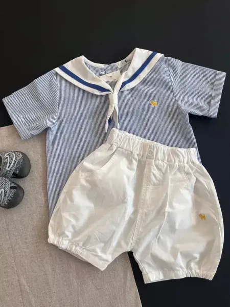 Design Navy Stripe Sailor Collar Top and White Bloomers Set Sets - 3