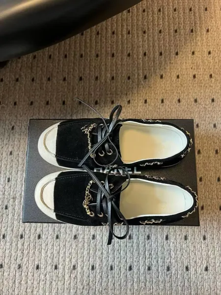 Chanel Boat Shoes Light Blue Suede Two-Tone with Chain Detail - 16