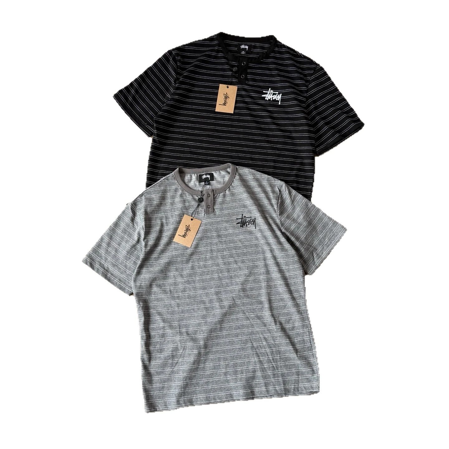 Stussy Striped Gray Henley Short Sleeve T-Shirt