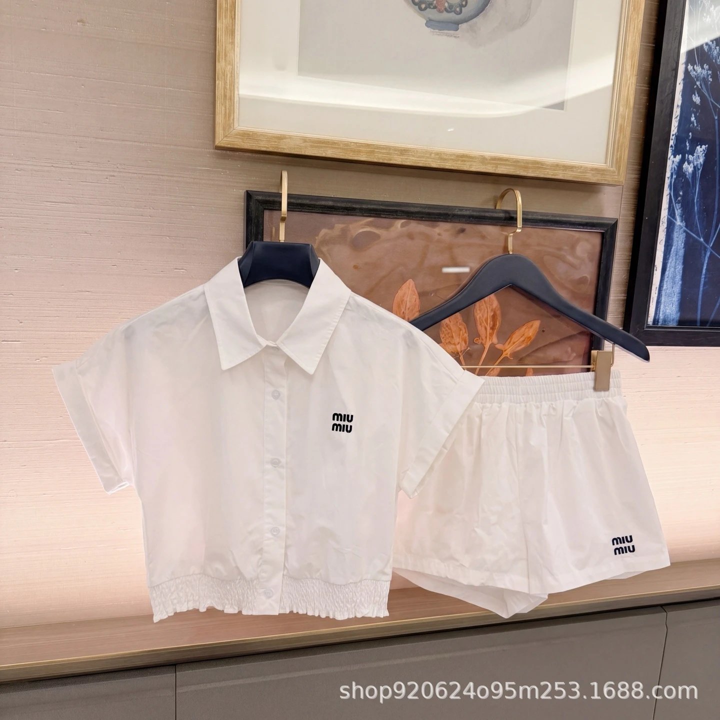 Miu Miu Logo-Embroidered White Shirt and Shorts Set - 12