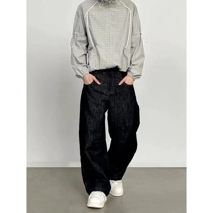 Design Grid-Check Windbreaker Jacket Gray, Wide-Leg Denim Jeans Dark Blue, Olive Canvas Sneakers Outerwear - 6