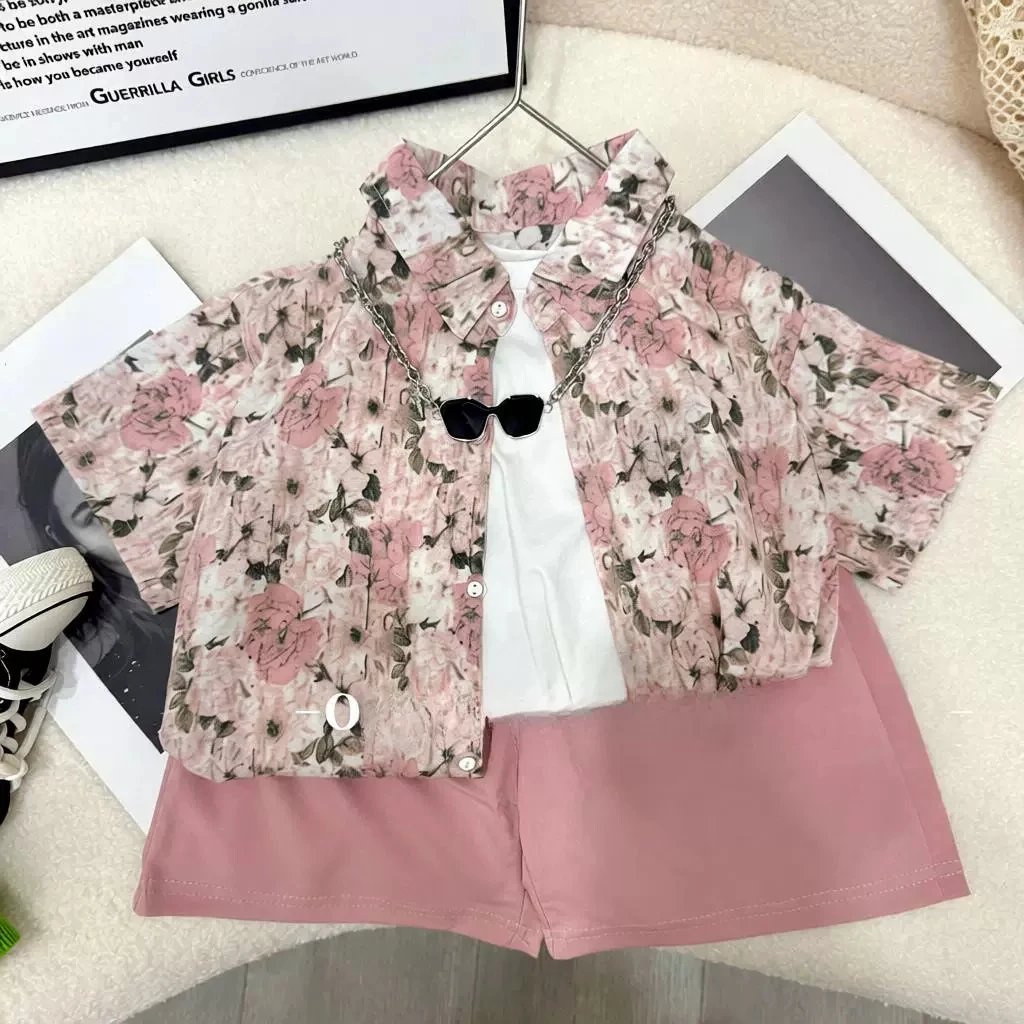 Design LSTAR Studio Floral Print Shirt and Pink Logo Shorts Set Sets - 4
