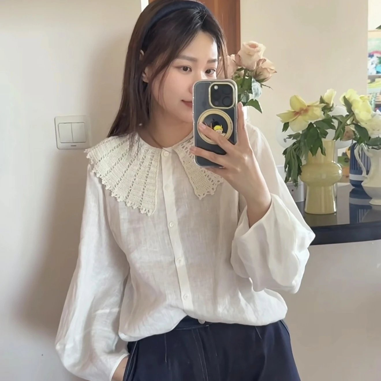 White Linen Blouse With Crochet Collar Vintage Style