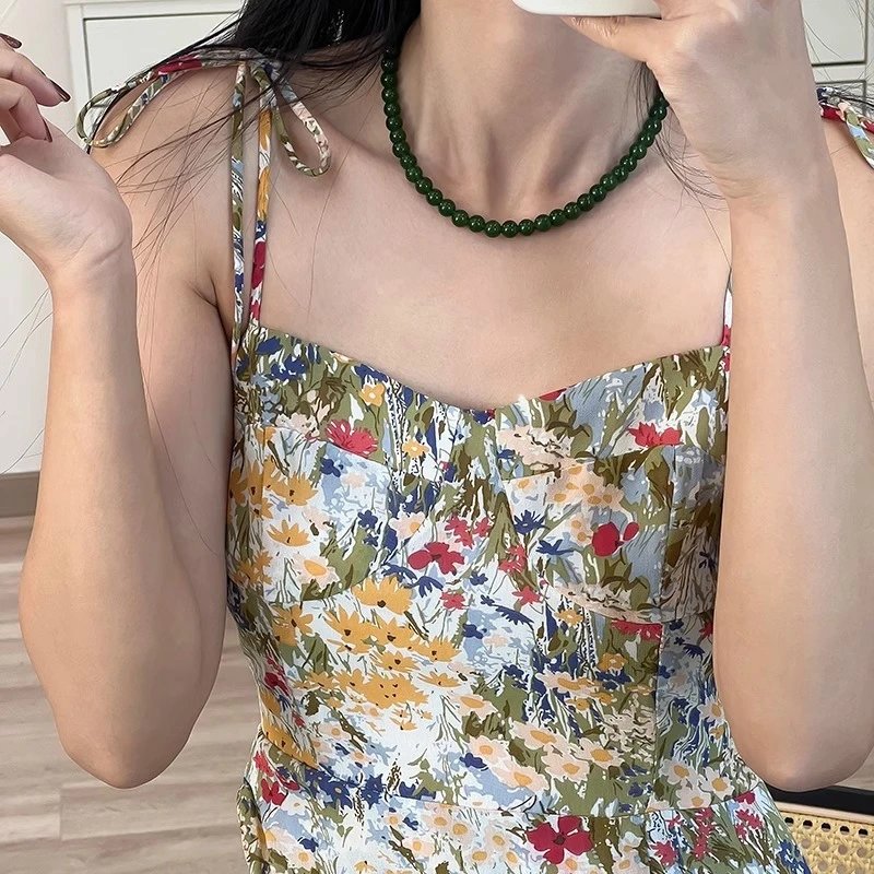 Green Jade Bead Choker Necklace Bohemian Style