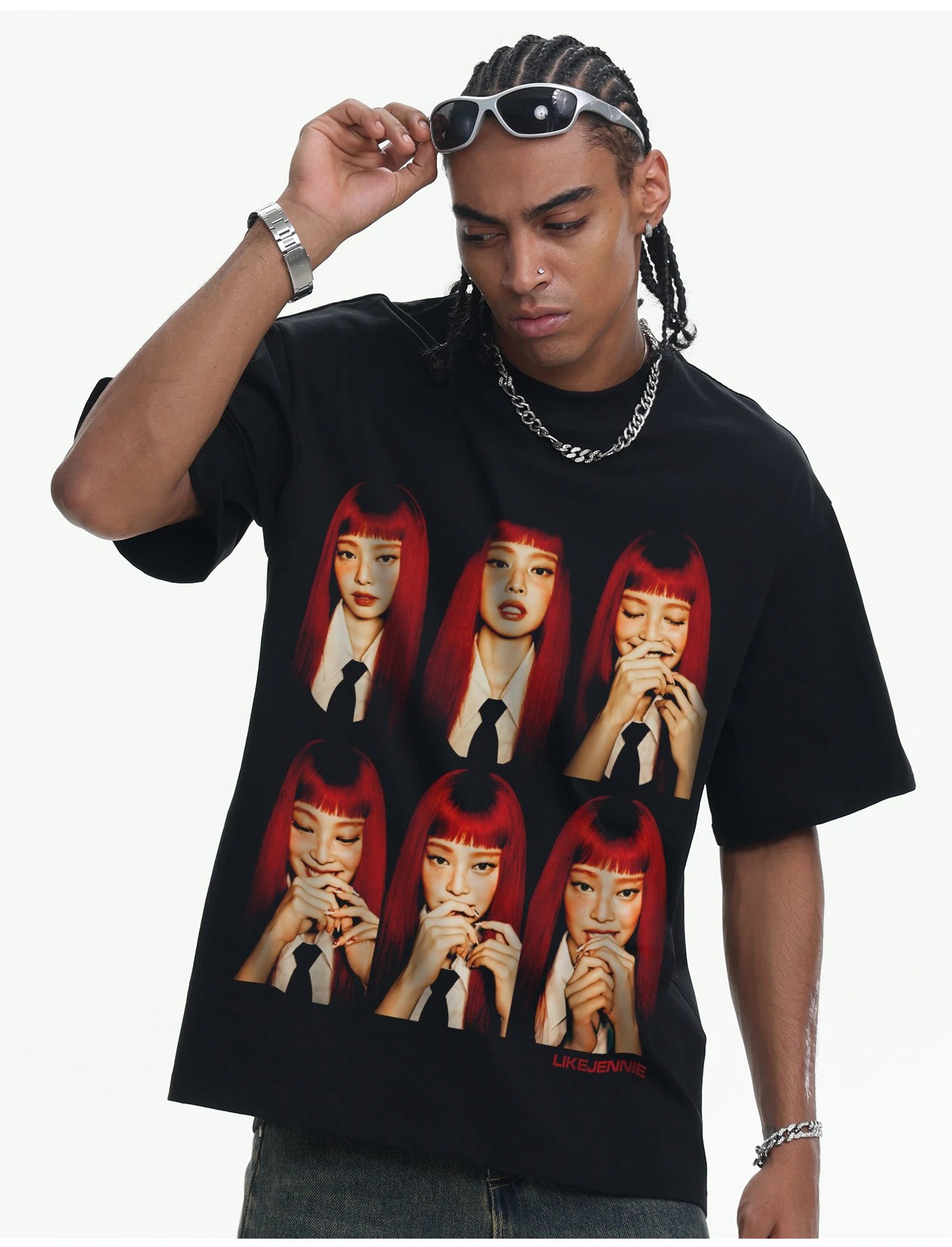 Design LIKEJENNIE x [Unknown Brand] Red Hair Grid T-Shirt Black T-Shirts - 19